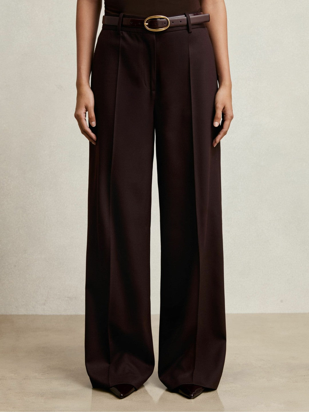 Petite Wool-Blend Wide-Leg Suit Trousers in Aubergine | Reiss Women Premium