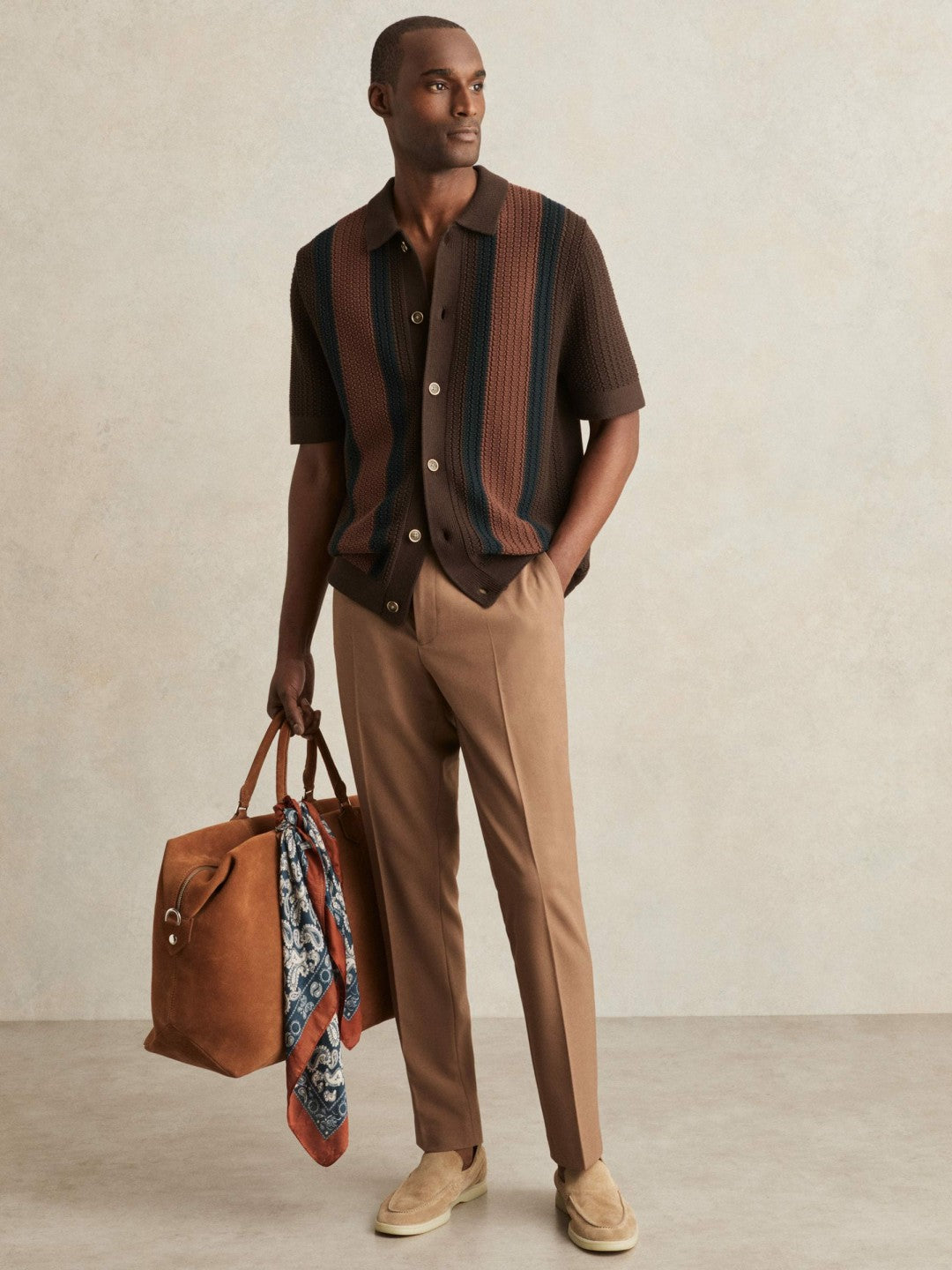 Cotton Textured-Knit Stripe Shirt in Brown Multi | Reiss Men New