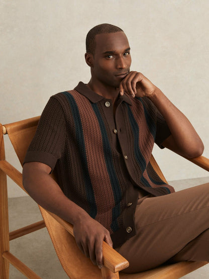 Cotton Textured-Knit Stripe Shirt in Brown Multi | Reiss Men New