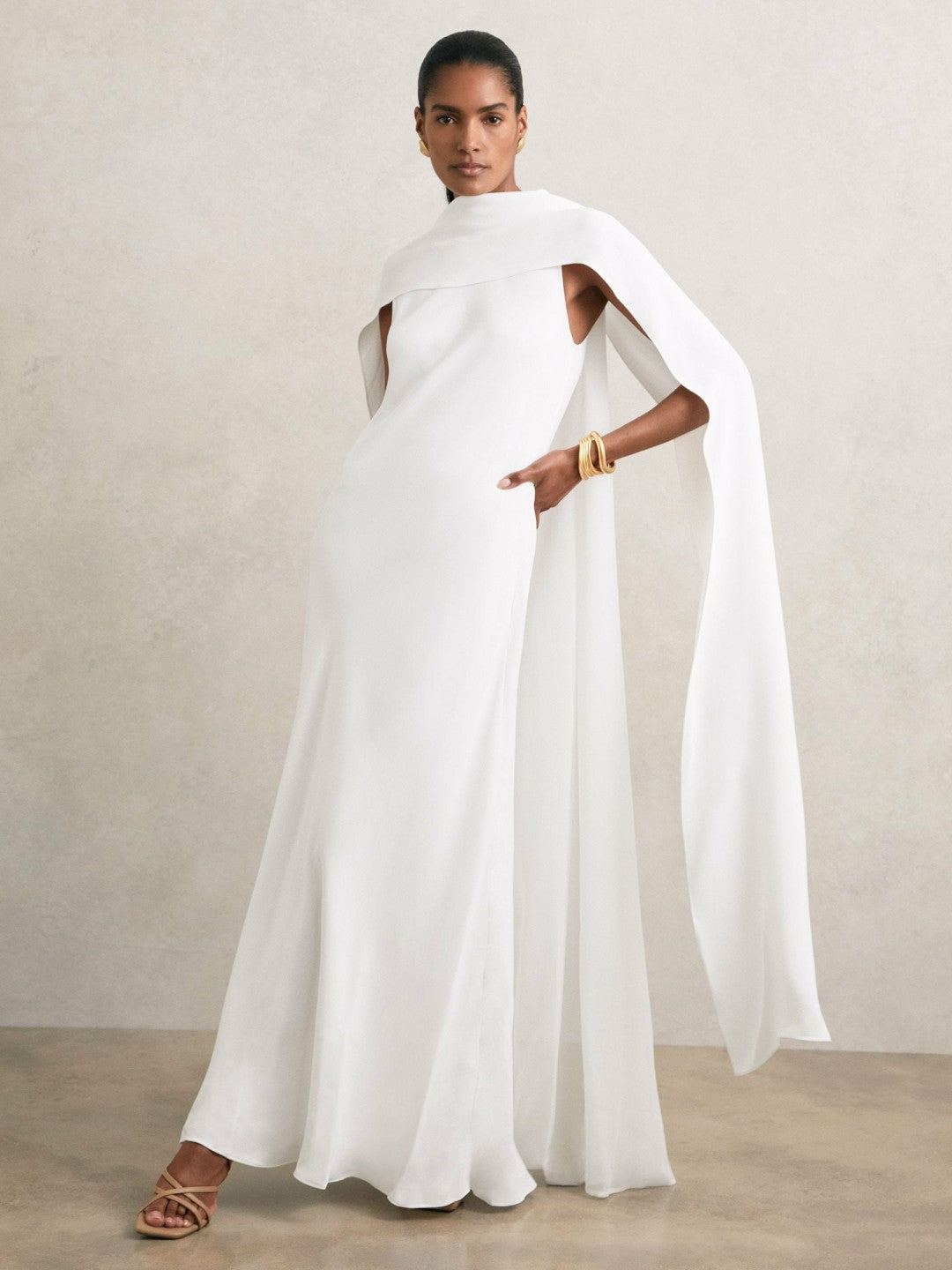Crepe Cape Maxi Dress in White | Reiss Women Signature