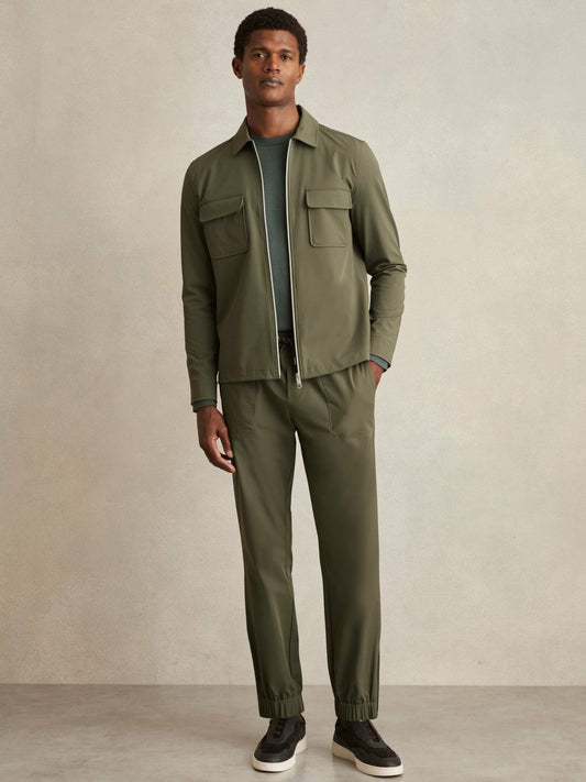 Drawstring Technical Cuffed Trousers in Green | Reiss Men Exclusive