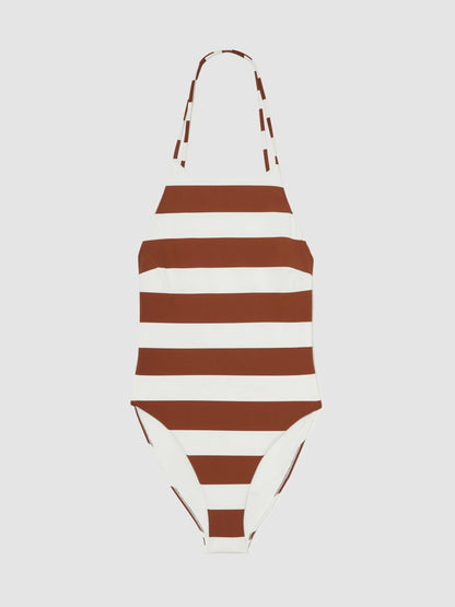Stripe Cross-Back Swimsuit in Brown/White | Reiss Women Popular