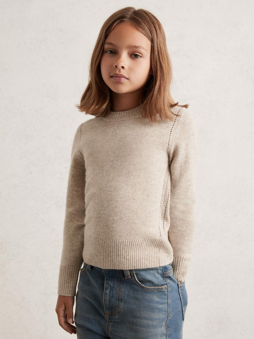 9-13 yrs Wool-Blend Open-Stitch Jumper with Cashmere in Oatmeal | Reiss Children & Baby Exclusive