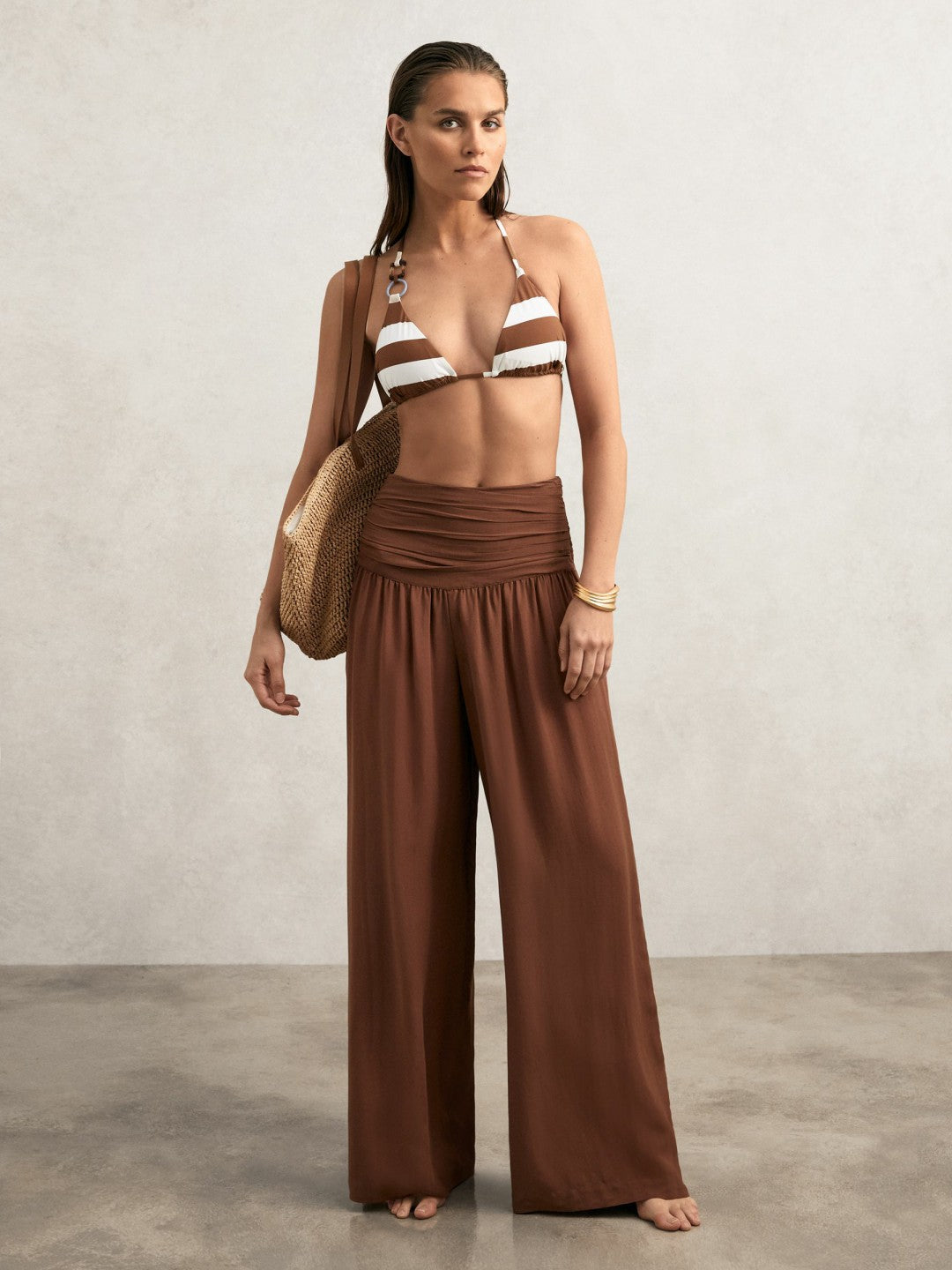 Stripe Halterneck Triangle Bikini Top in Navy/Brown | Reiss Women Recommended