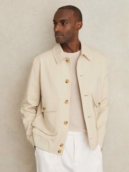 Cotton-Blend Button-Through Jacket in Light Stone | Reiss Men Premium