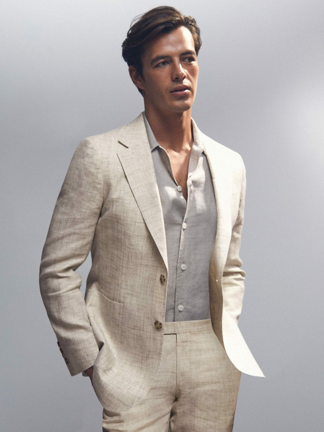 Linen-Cotton Single-Breasted Suit Blazer Slim-Fit in Stone | Reiss Men Premium