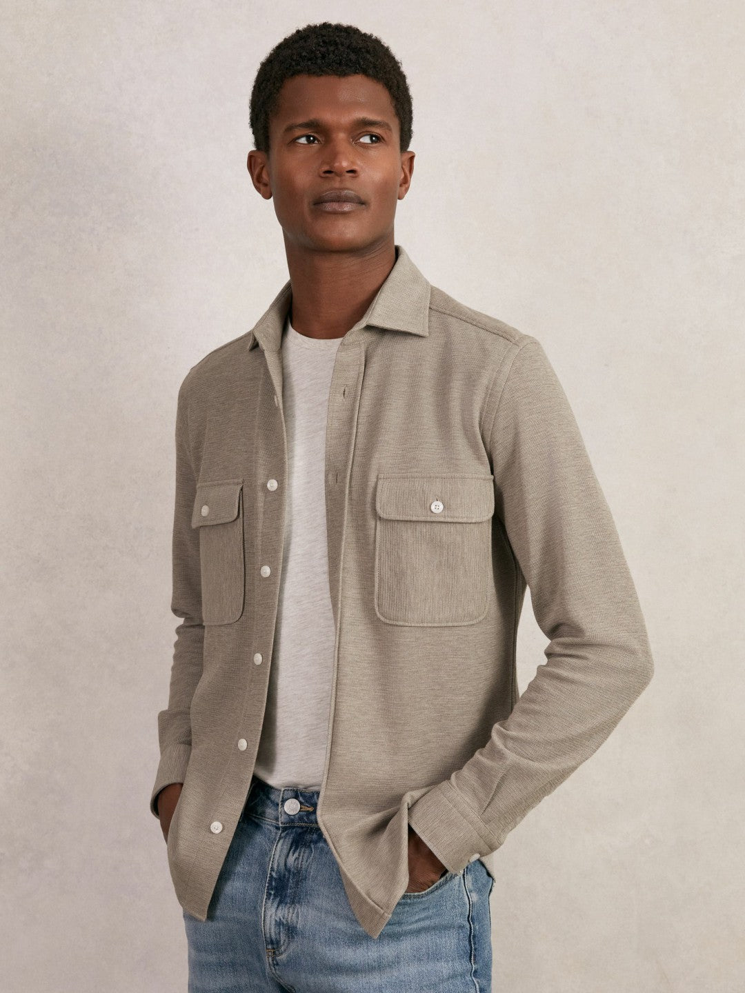 Textured Twin Pocket Cotton Blend Overshirt in Oatmeal Brown Melange | Reiss Men Trending