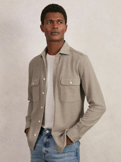 Textured Twin Pocket Cotton Blend Overshirt in Oatmeal Brown Melange | Reiss Men Trending