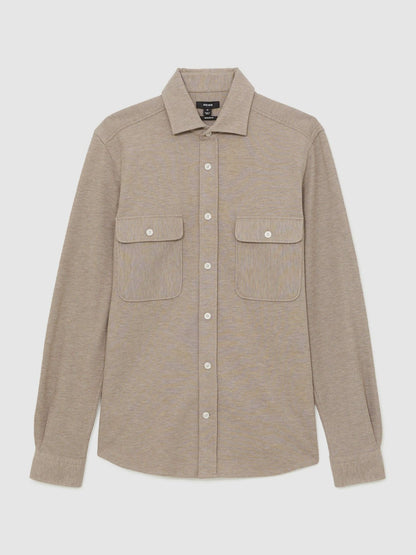 Textured Twin Pocket Cotton Blend Overshirt in Oatmeal Brown Melange | Reiss Men Trending