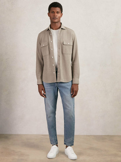 Textured Twin Pocket Cotton Blend Overshirt in Oatmeal Brown Melange | Reiss Men Trending