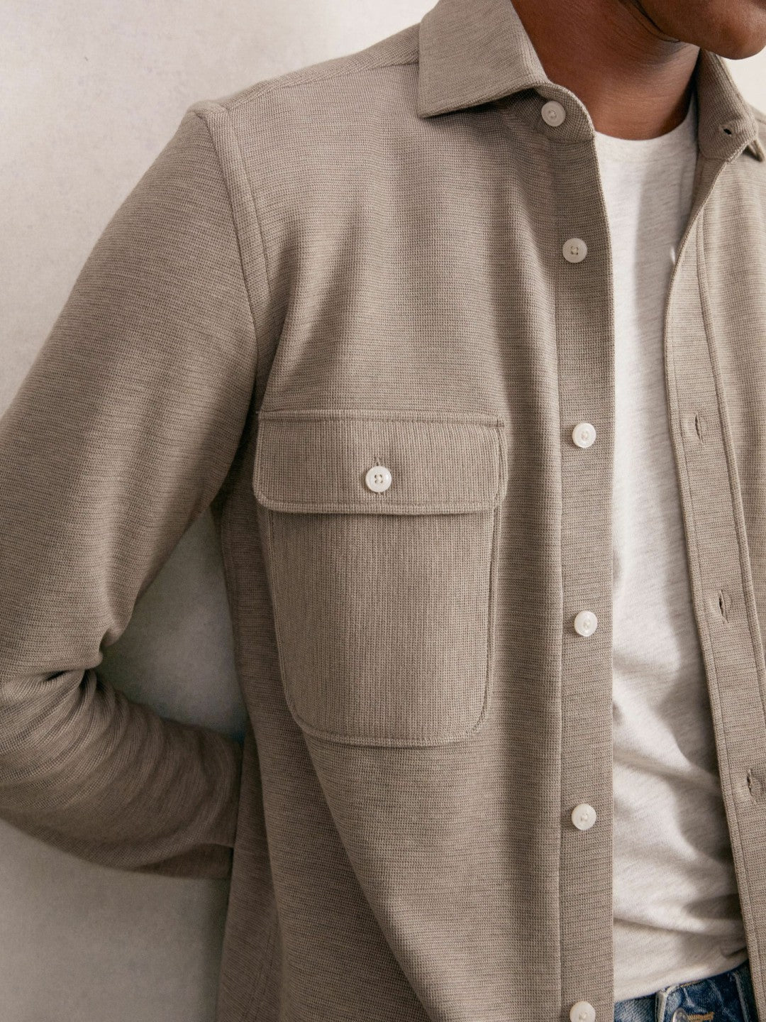 Textured Twin Pocket Cotton Blend Overshirt in Oatmeal Brown Melange | Reiss Men Trending
