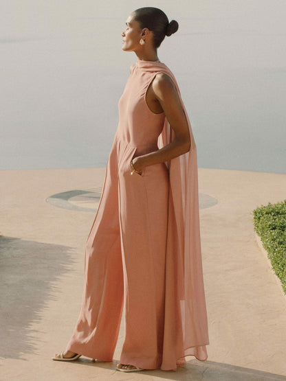 Wide-Leg Cape Jumpsuit in Pink | Reiss Women Recommended
