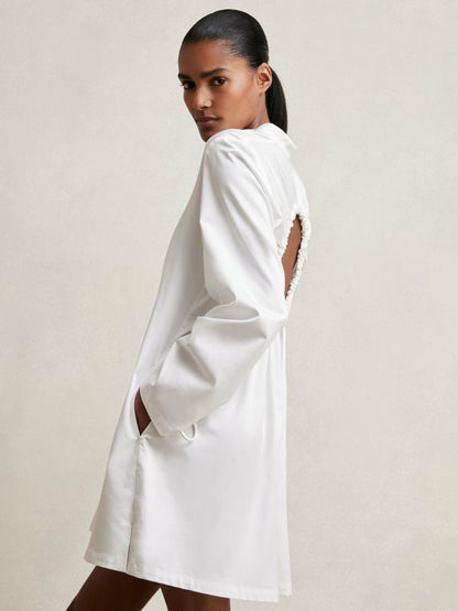 Cotton Gathered Cut-Out Shirt Dress with Stretch in Ivory | Reiss Women Signature