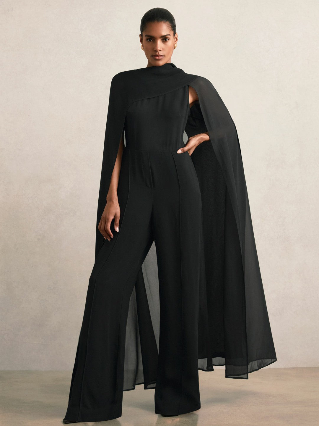Wide-Leg Cape Jumpsuit in Black | Reiss Women Trending