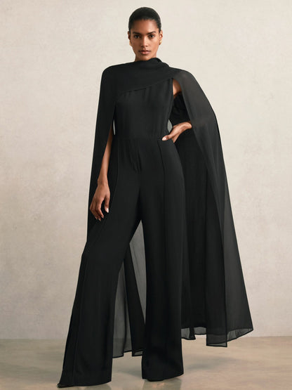 Wide-Leg Cape Jumpsuit in Black | Reiss Women Trending