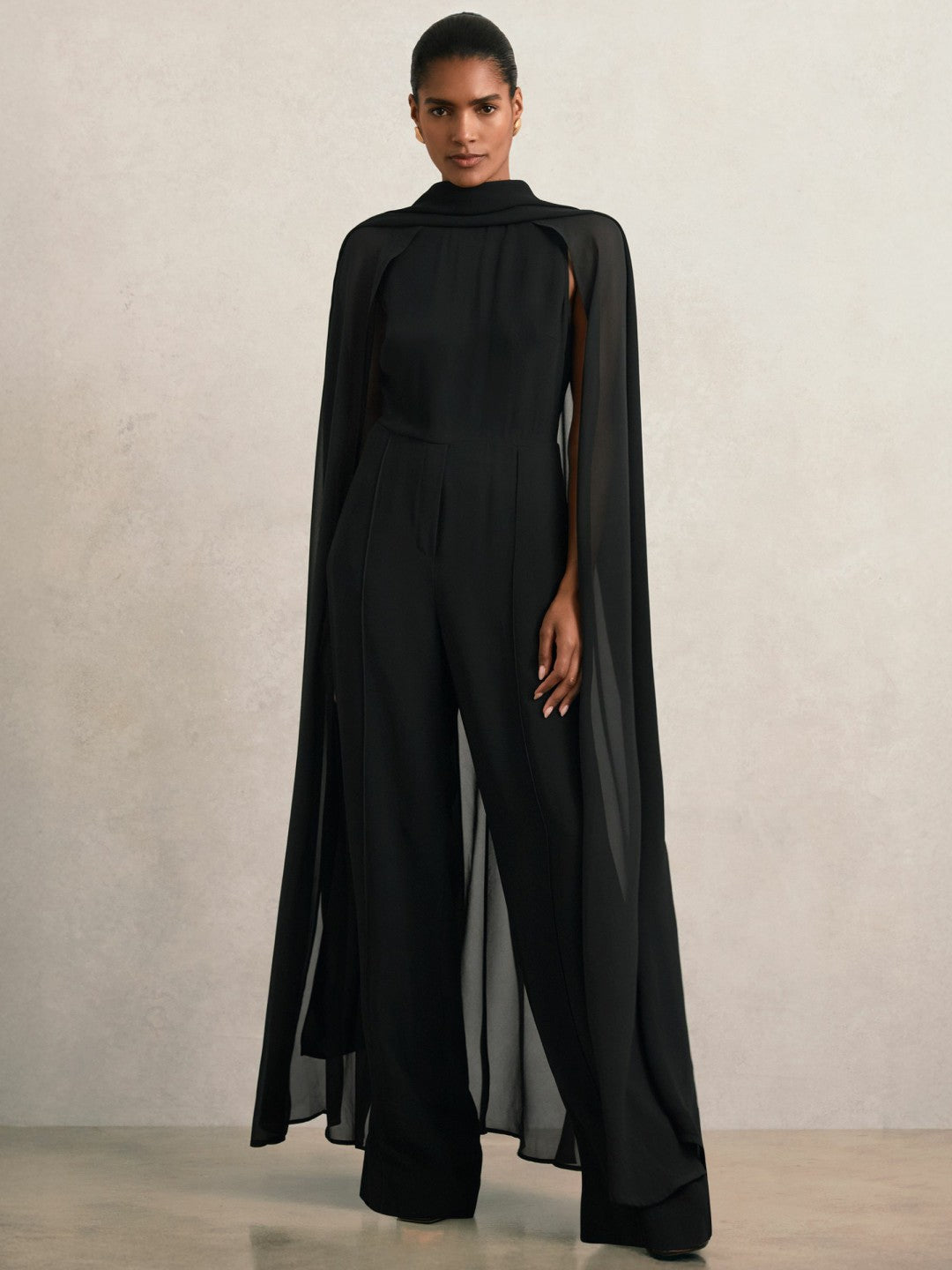 Wide-Leg Cape Jumpsuit in Black | Reiss Women Trending