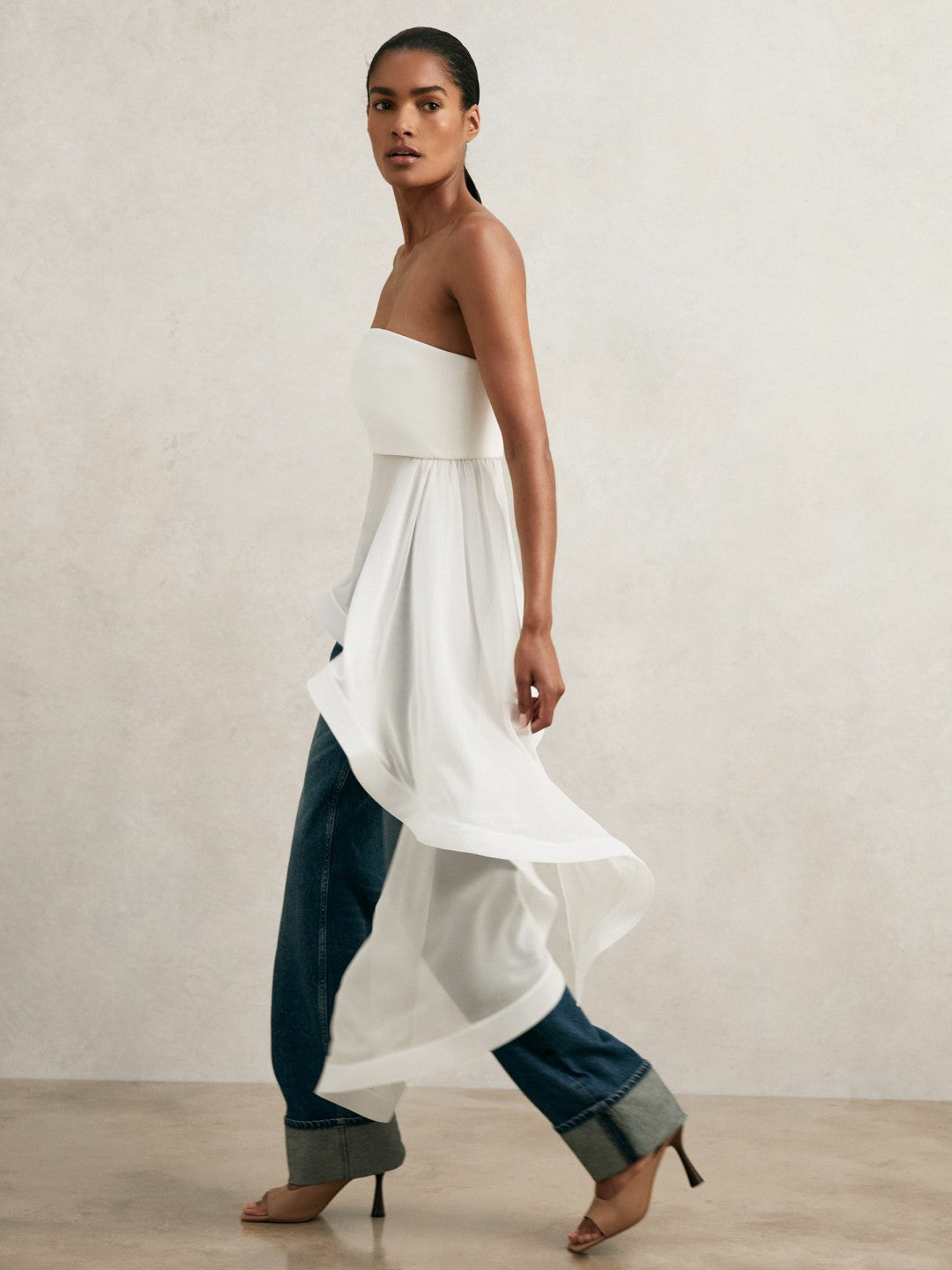 Silk Asymmetric-Ruffle Bandeau Top in Ivory | Reiss Women Premium