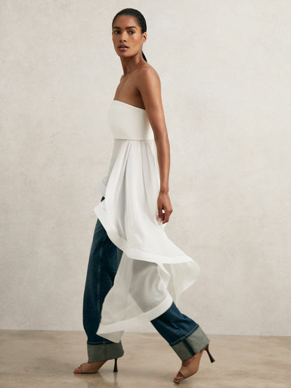 Silk Asymmetric-Ruffle Bandeau Top in Ivory | Reiss Women Premium