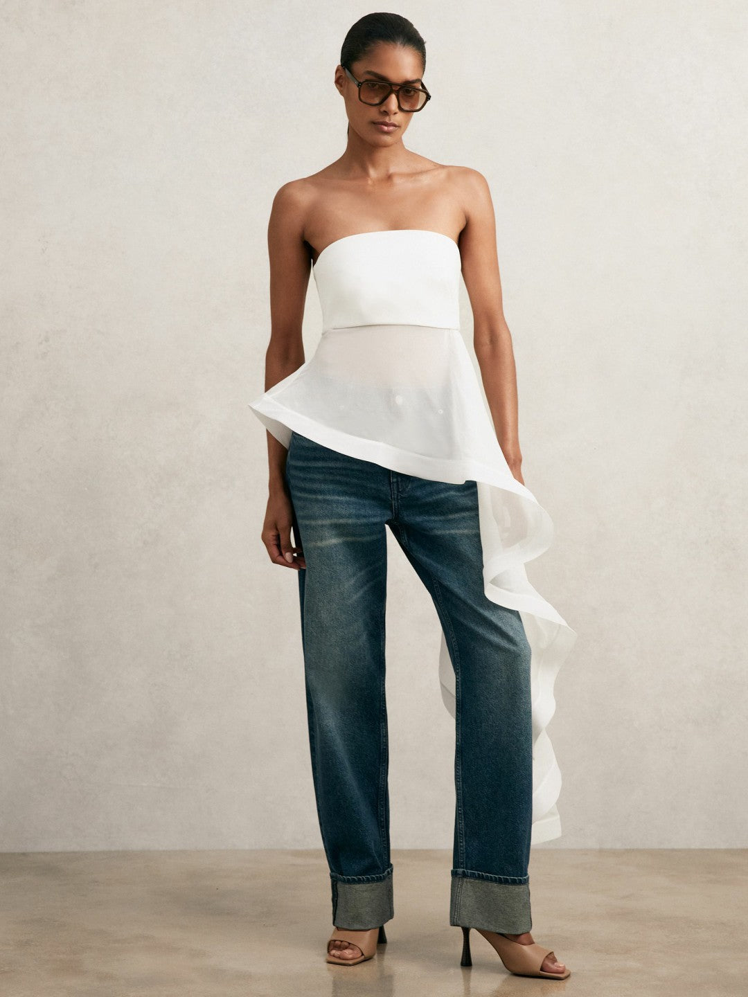 Silk Asymmetric-Ruffle Bandeau Top in Ivory | Reiss Women Premium