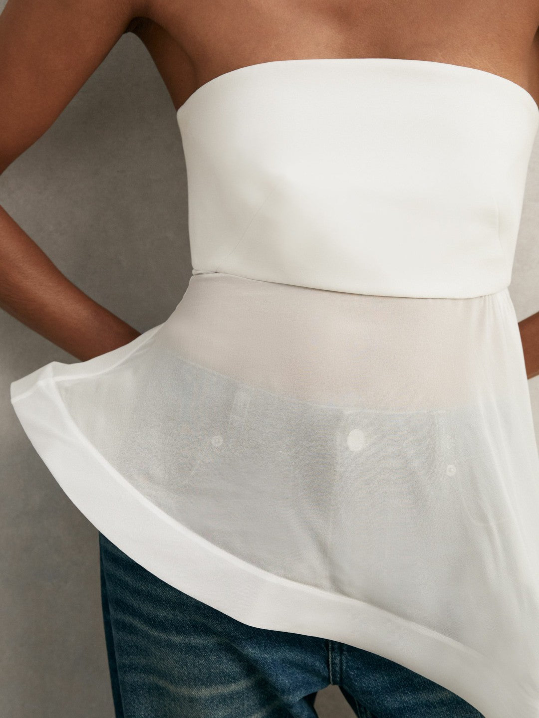 Silk Asymmetric-Ruffle Bandeau Top in Ivory | Reiss Women Premium