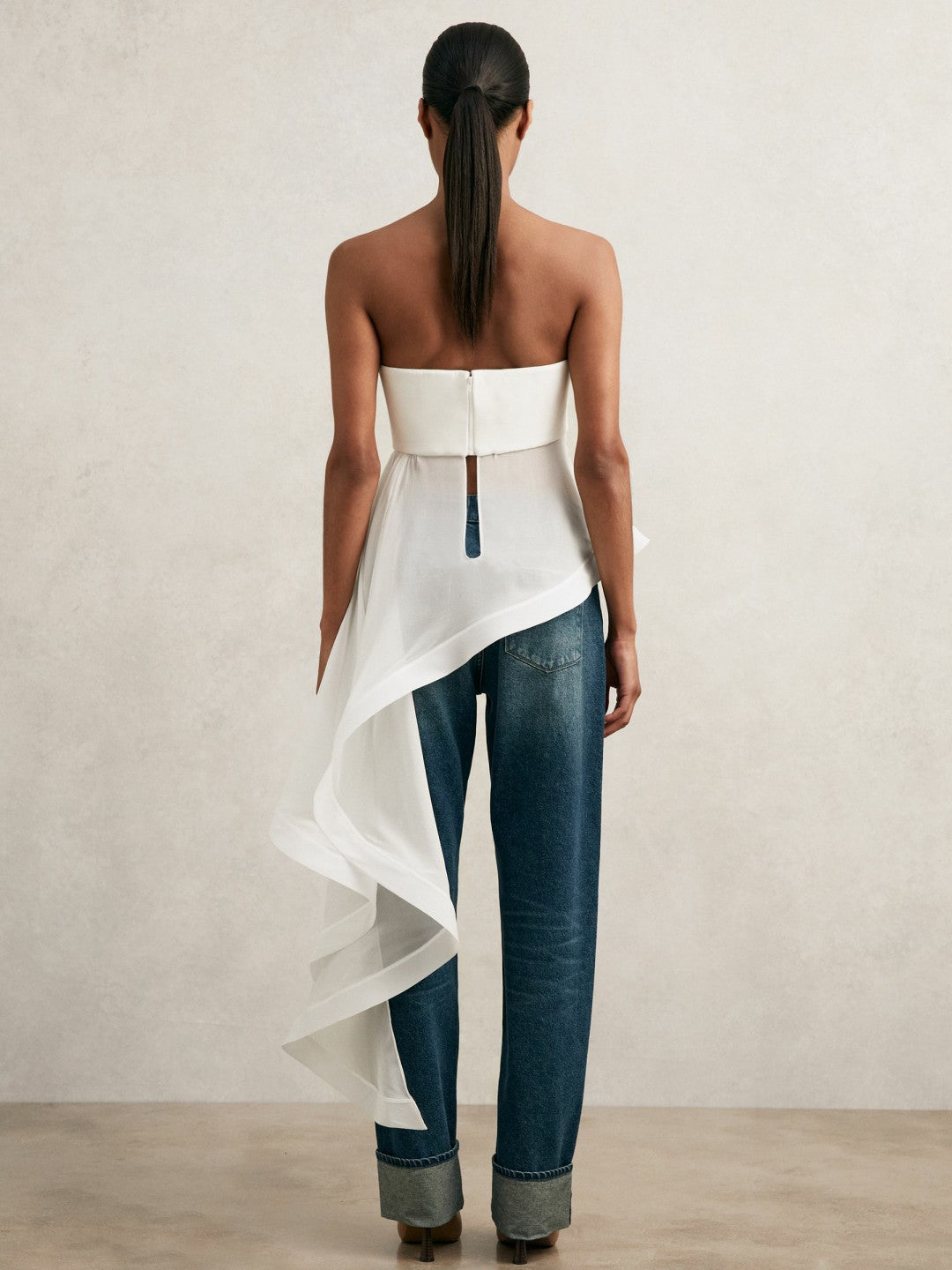 Silk Asymmetric-Ruffle Bandeau Top in Ivory | Reiss Women Premium