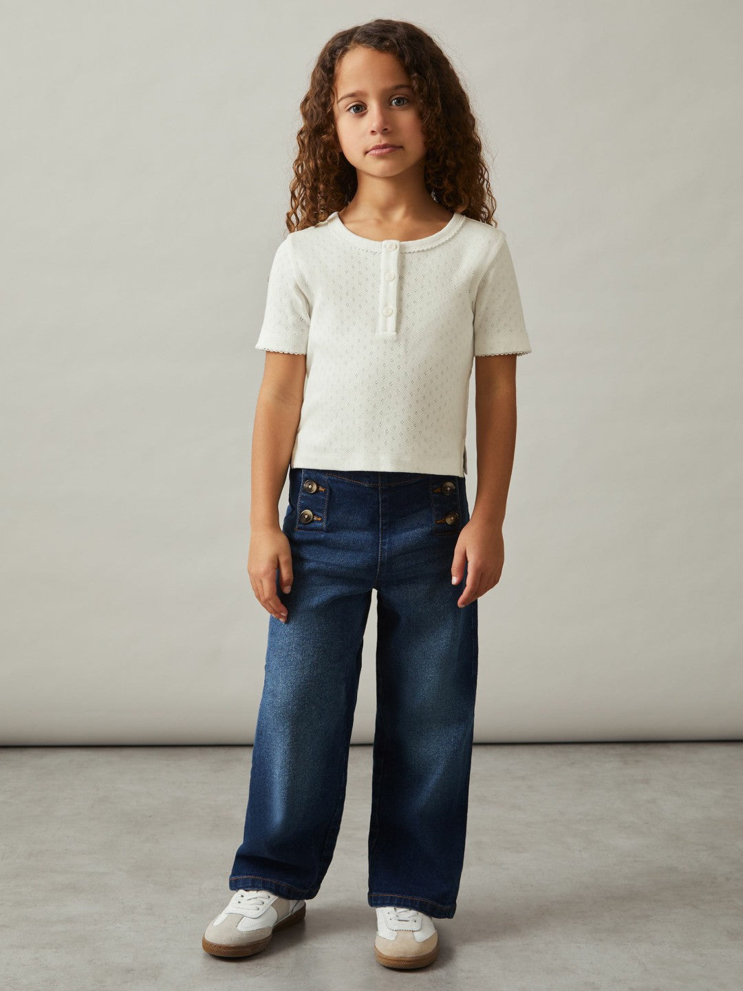 9-13 yrs Cotton Pointelle Button T-Shirt in Ivory | Reiss Children & Baby Featured