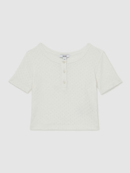 9-13 yrs Cotton Pointelle Button T-Shirt in Ivory | Reiss Children & Baby Featured