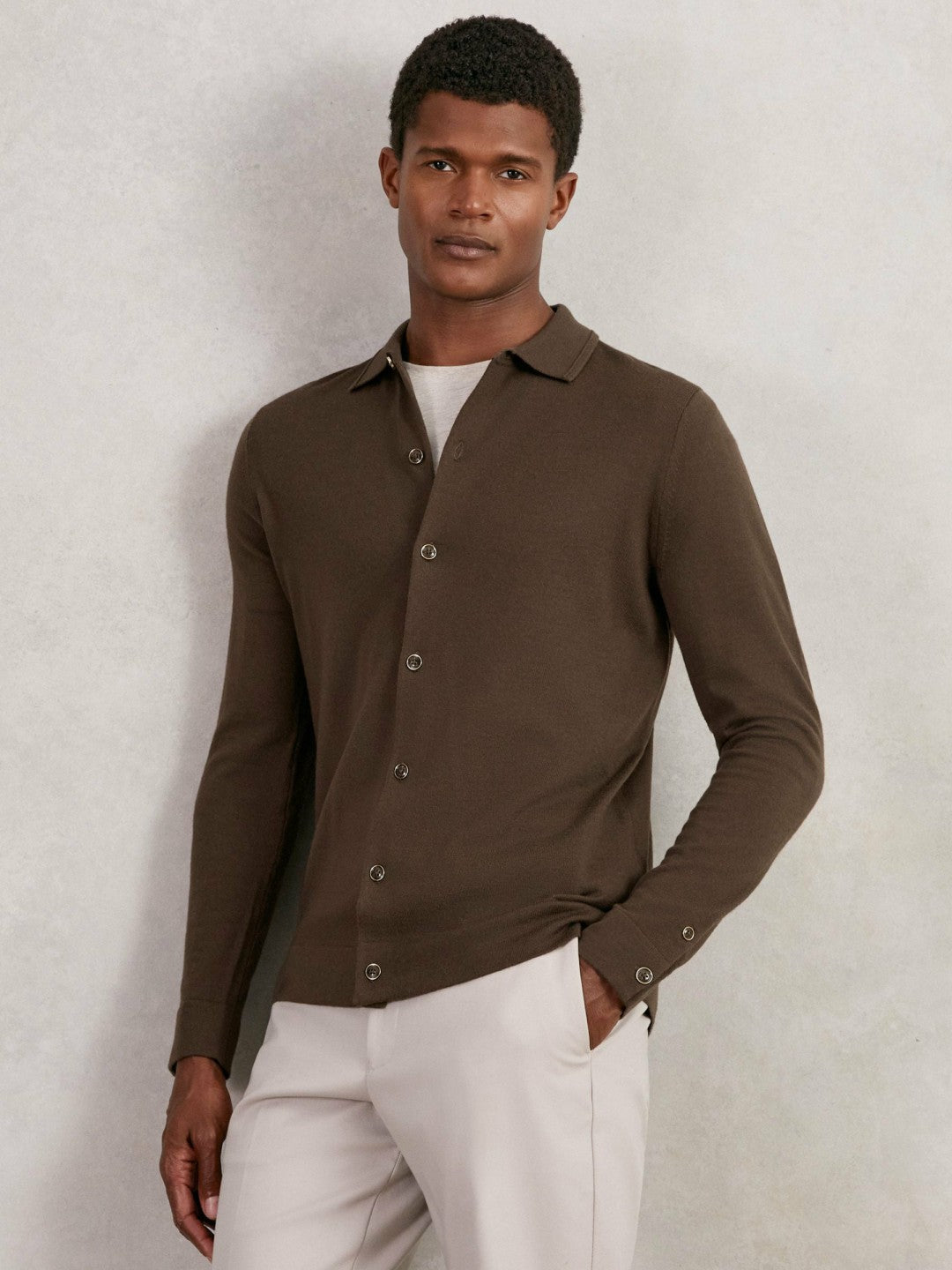 Merino Wool Button-Through Cardigan in Chocolate Brown | Reiss Men Trending
