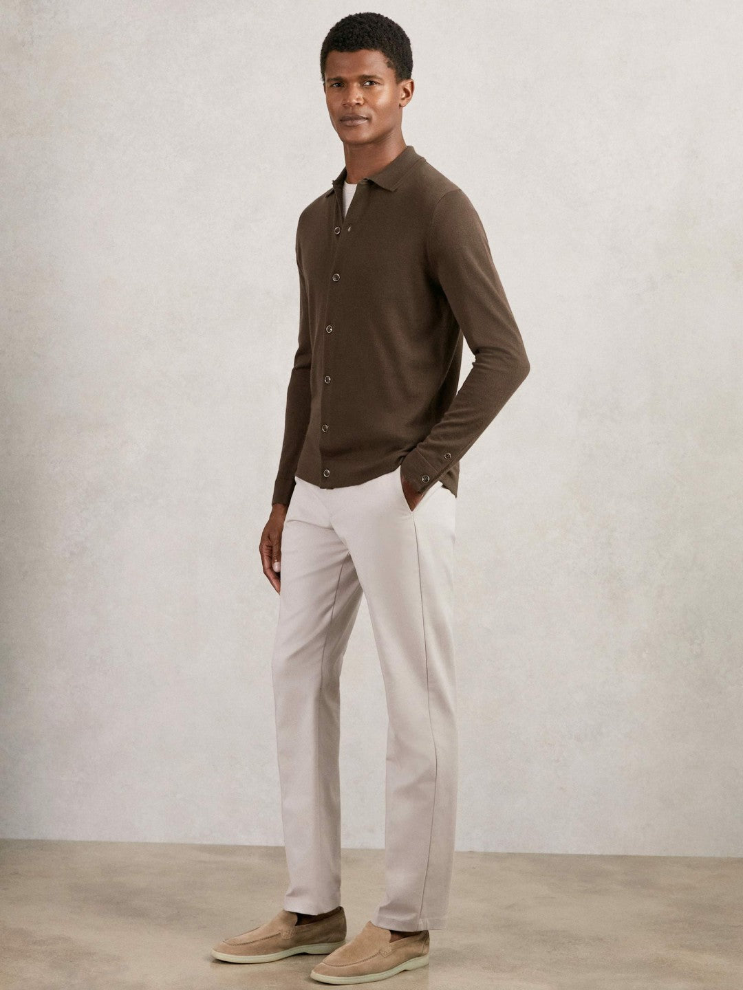 Merino Wool Button-Through Cardigan in Chocolate Brown | Reiss Men Trending