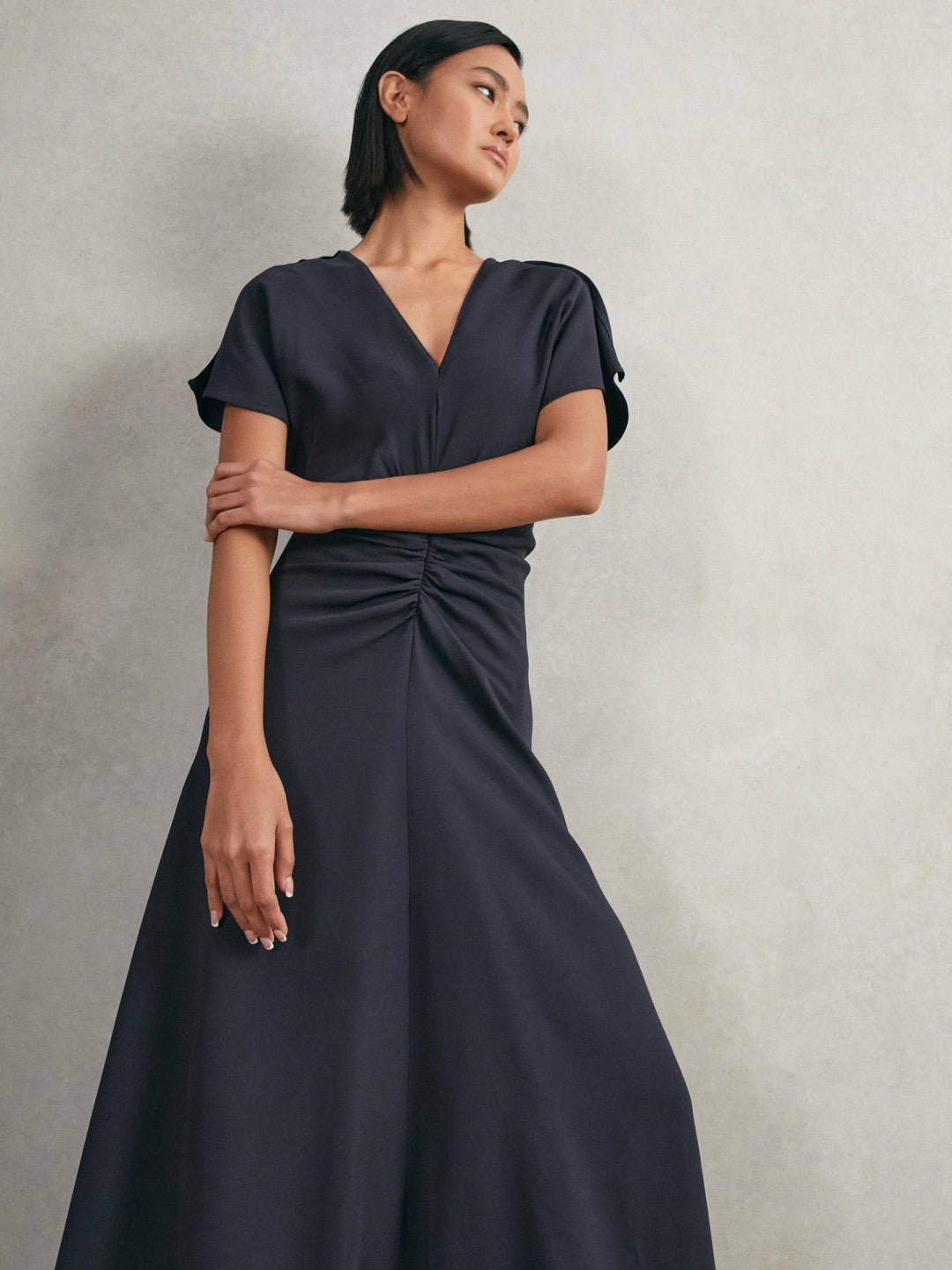 Ruched-Front Midi Dress in Navy | Reiss Women Trending