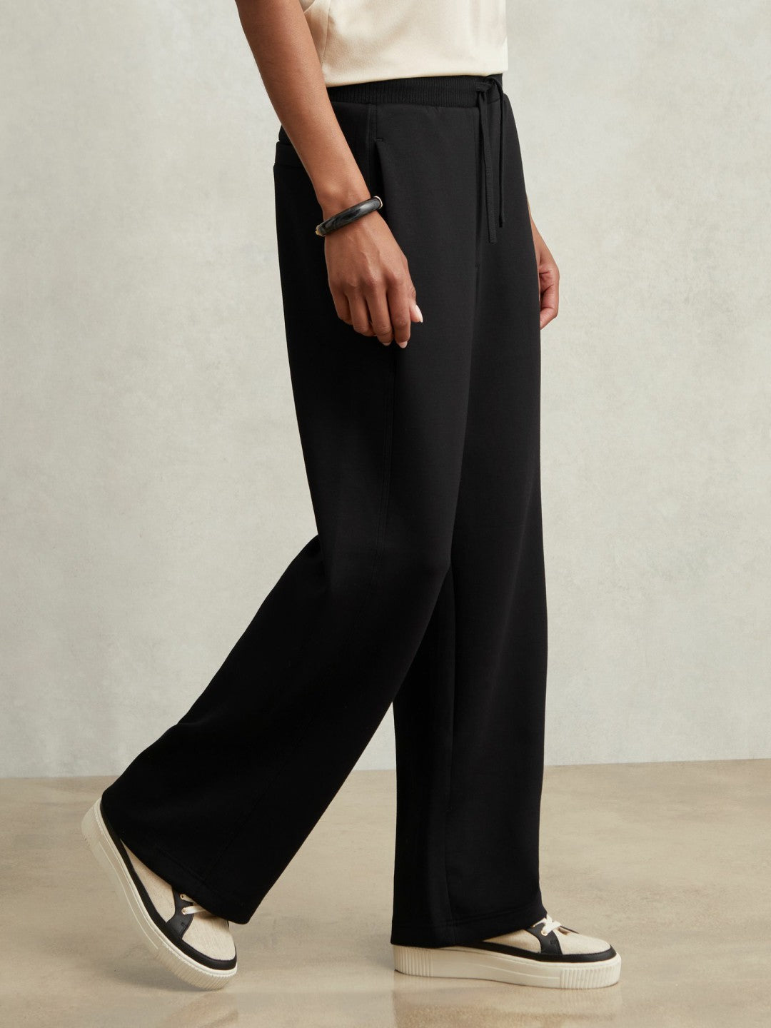 Wide-Leg Interlock Drawstring Joggers in Black | Reiss Women Signature
