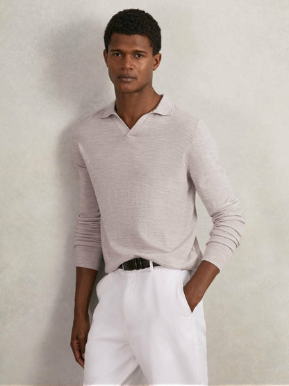 Merino Wool Open-Collar Polo Shirt in Wicker Brown Melange | Reiss Men New