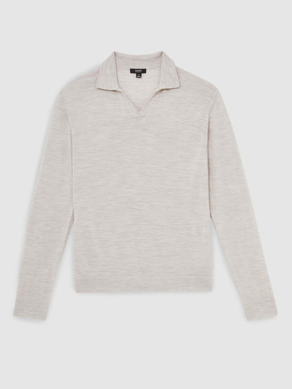 Merino Wool Open-Collar Polo Shirt in Wicker Brown Melange | Reiss Men New