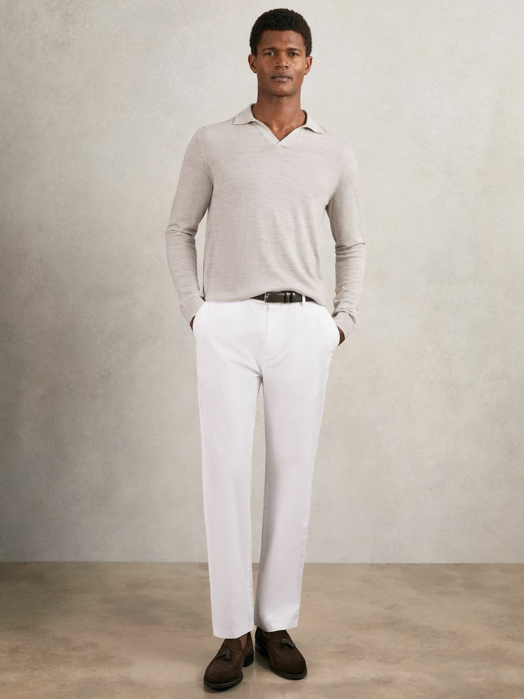Merino Wool Open-Collar Polo Shirt in Wicker Brown Melange | Reiss Men New