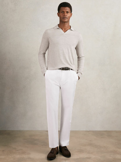 Merino Wool Open-Collar Polo Shirt in Wicker Brown Melange | Reiss Men New