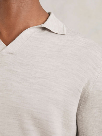 Merino Wool Open-Collar Polo Shirt in Wicker Brown Melange | Reiss Men New
