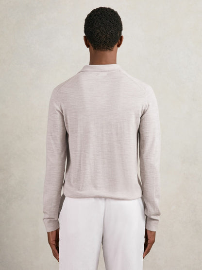 Merino Wool Open-Collar Polo Shirt in Wicker Brown Melange | Reiss Men New