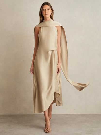 Satin Tuck-Detail Cape Midi Dress in Champagne Neutral | Reiss Women Popular