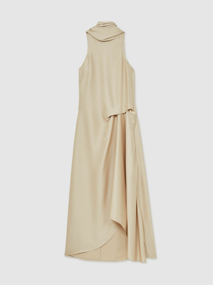 Satin Tuck-Detail Cape Midi Dress in Champagne Neutral | Reiss Women Popular