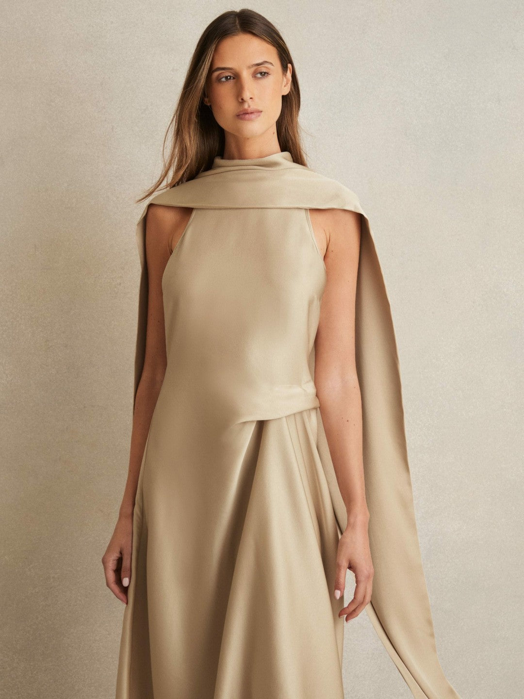 Satin Tuck-Detail Cape Midi Dress in Champagne Neutral | Reiss Women Popular
