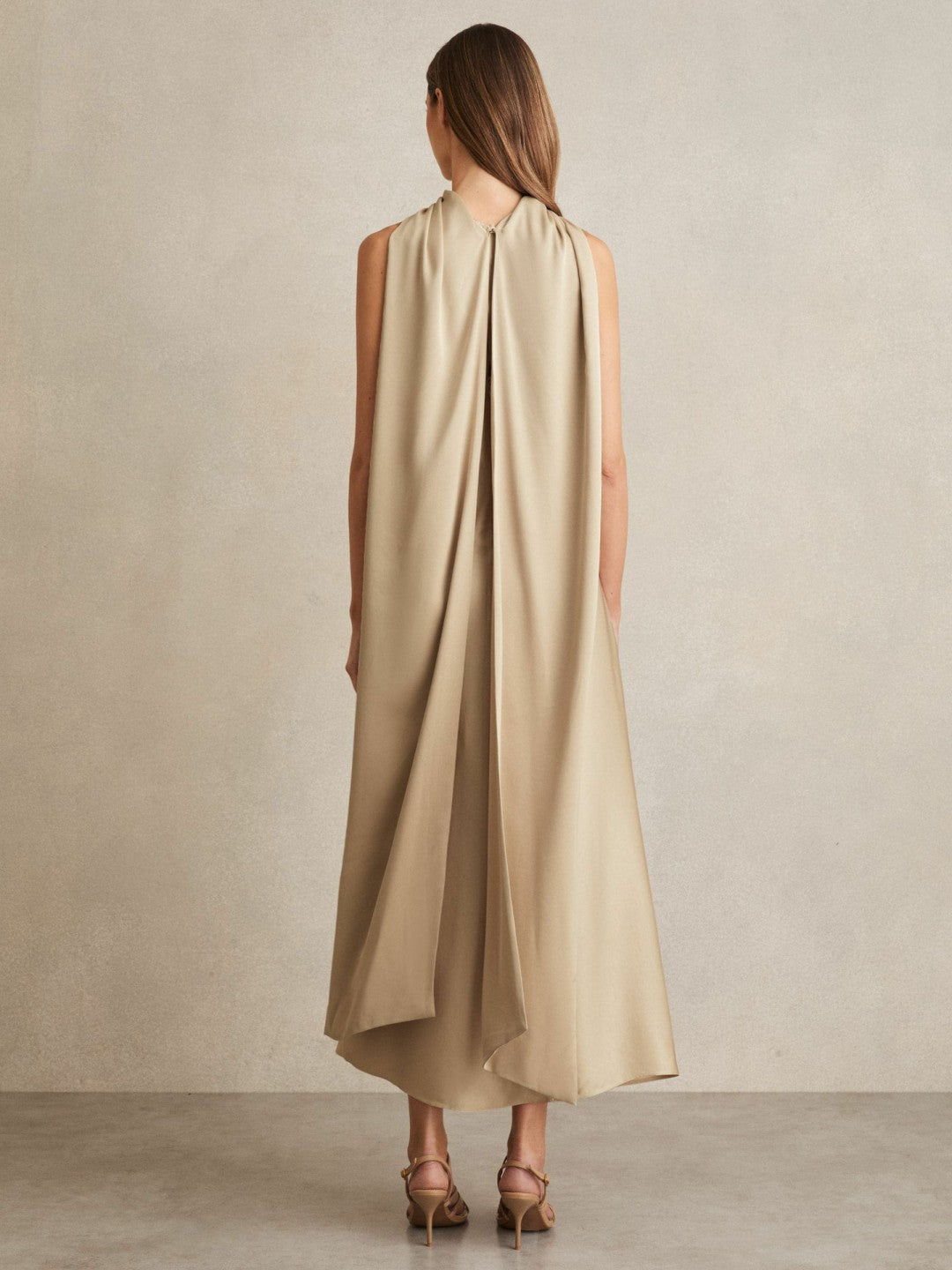 Satin Tuck-Detail Cape Midi Dress in Champagne Neutral | Reiss Women Popular