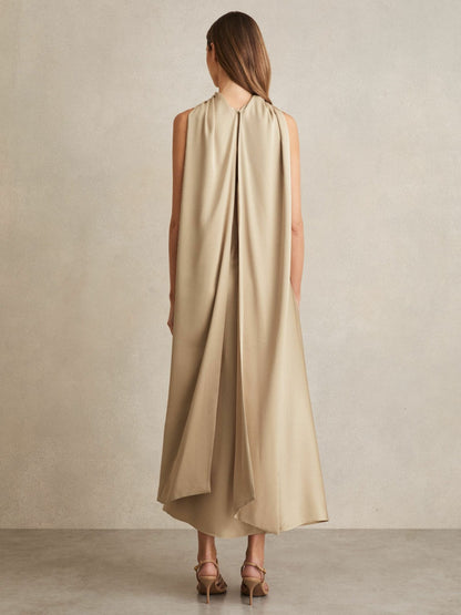 Satin Tuck-Detail Cape Midi Dress in Champagne Neutral | Reiss Women Popular