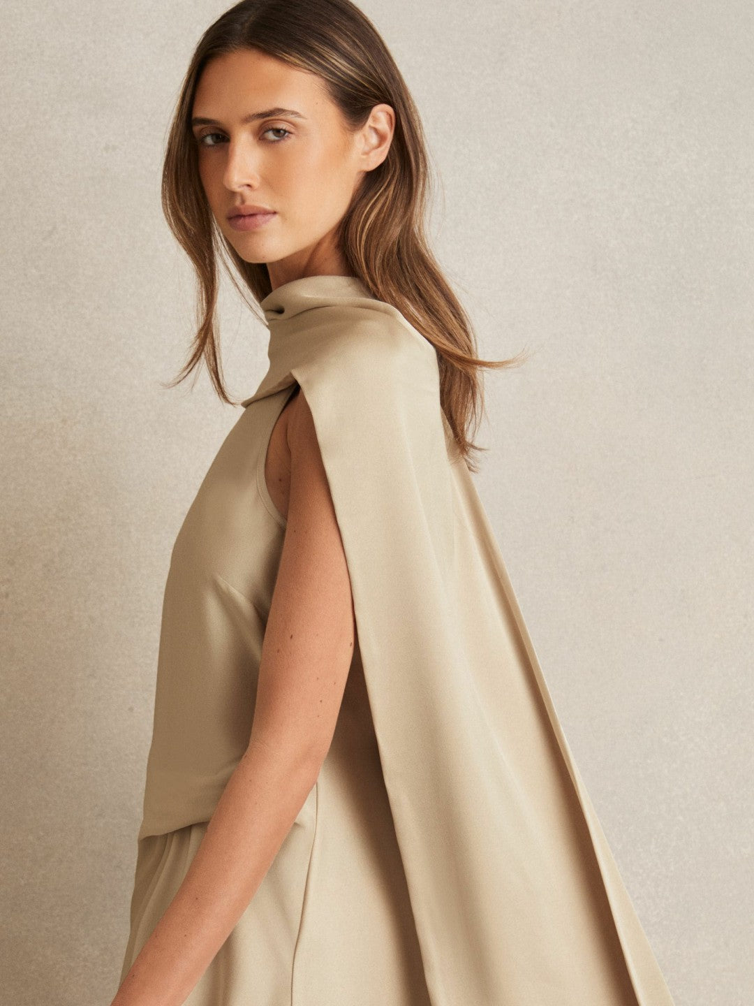 Satin Tuck-Detail Cape Midi Dress in Champagne Neutral | Reiss Women Popular