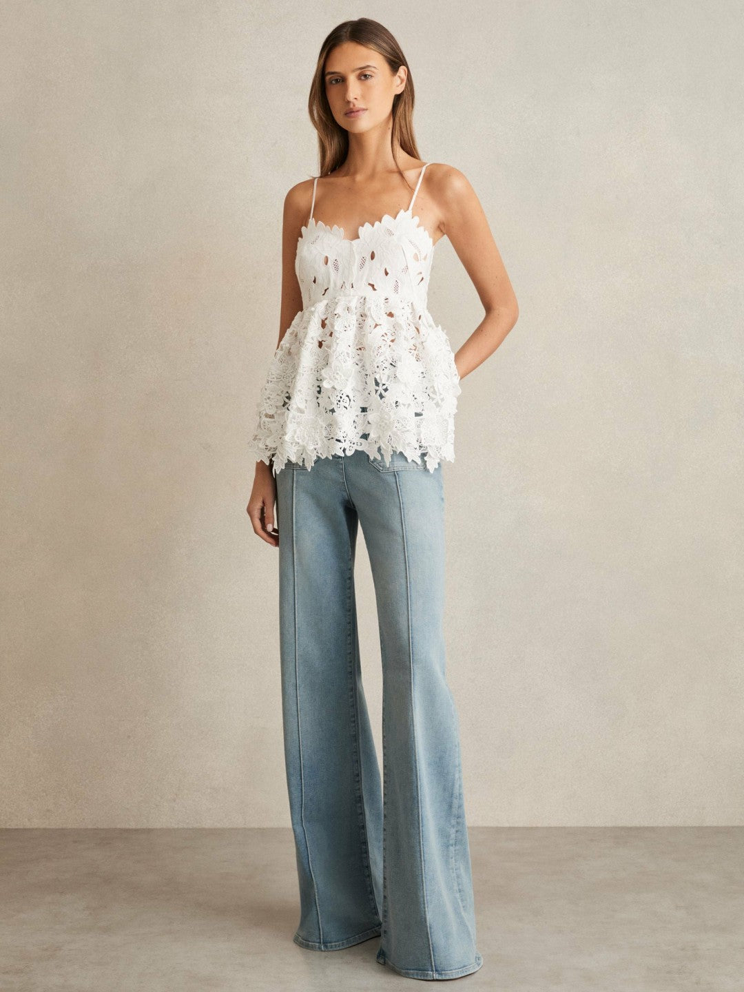Cotton Cut Out Lace Cami Top in Ivory | Reiss Women Premium