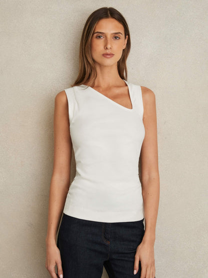 Stretch-Cotton Ribbed Asymmetric Vest in White | Reiss Women Signature