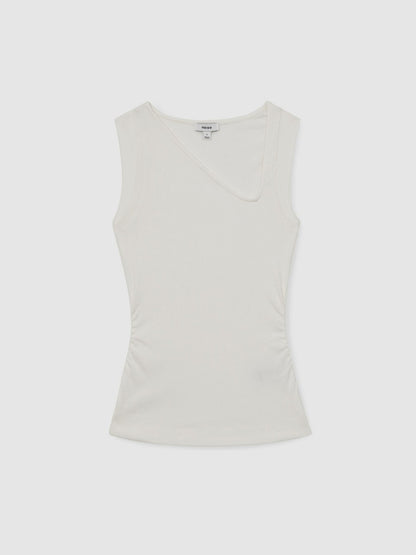 Stretch-Cotton Ribbed Asymmetric Vest in White | Reiss Women Signature