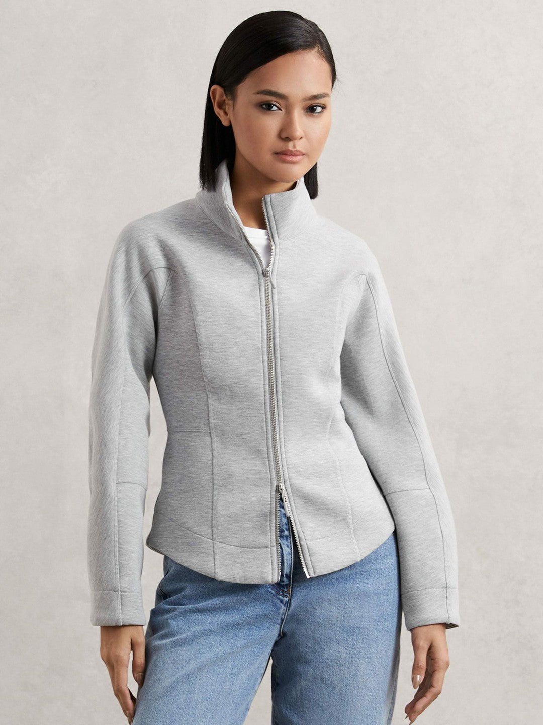 Funnel-Neck Zip-Through Sweatshirt in Grey | Reiss Women Best Seller