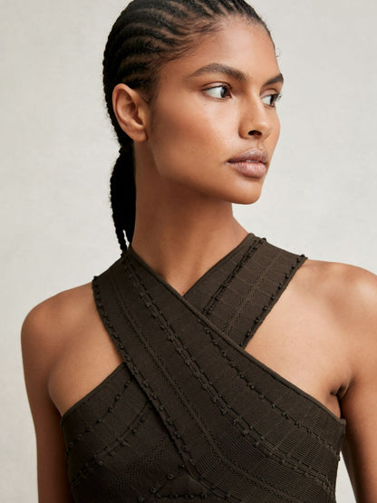 Cross Neck Textured Top in Chocolate | Reiss Women Recommended
