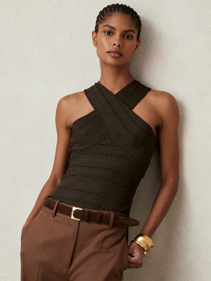 Cross Neck Textured Top in Chocolate | Reiss Women Recommended