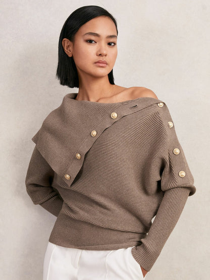 Rib-Knit Button Shawl Jumper in Taupe | Reiss Women Best Seller